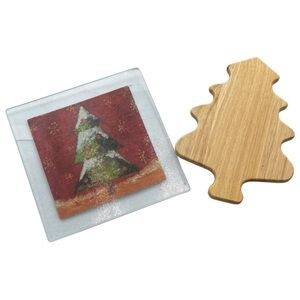 Christmas Tree Decor Set Wood Tree & Glass Tile Holiday Cutting Boards Set‎ of 2